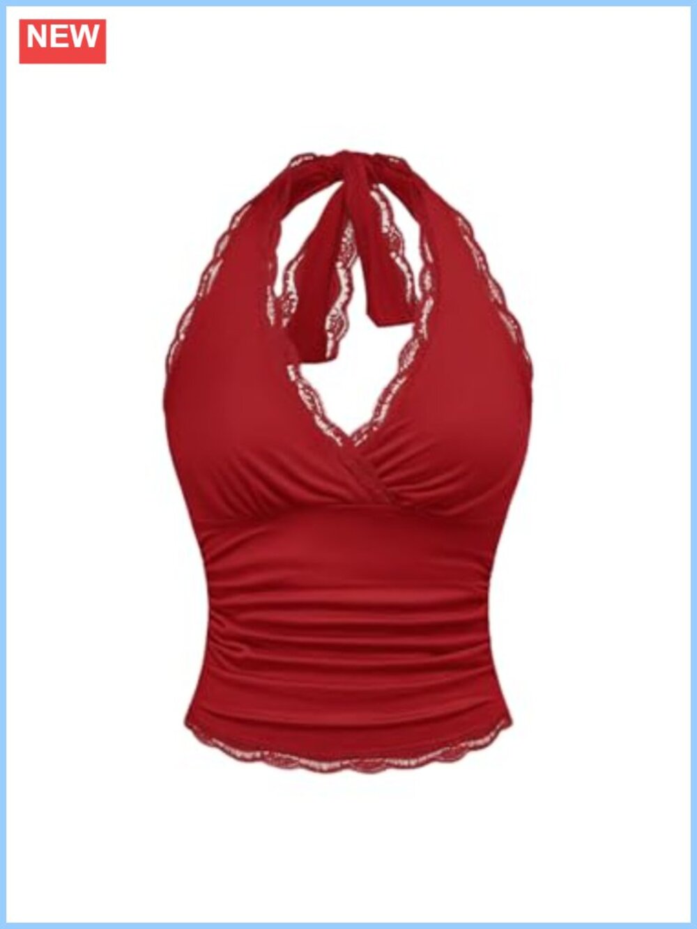 Lace Trim Halter Crop Cami Top Ruched Backless V Neck Slim Fit